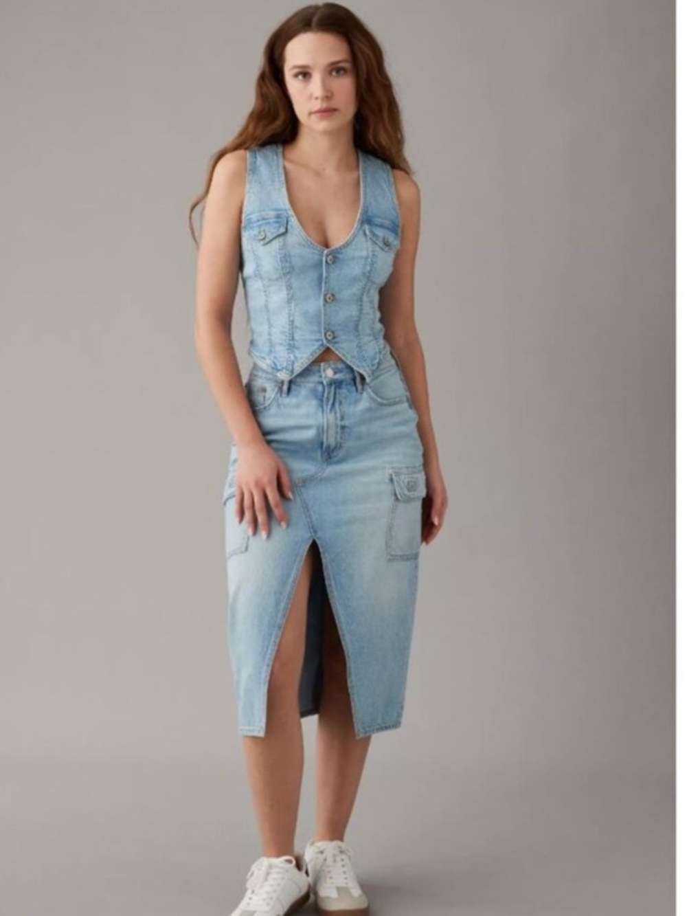 NWT AE High Rise Blue Denim Midi Skirt with Front Slit
